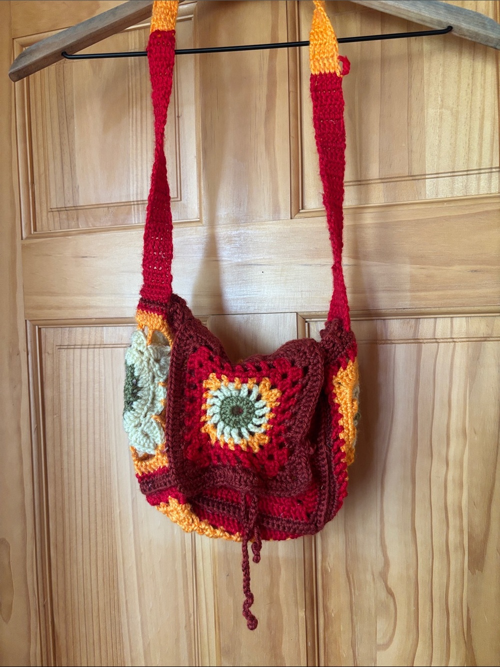 Handmade Crochet Shoulder Bag in Red, Yellow & Green